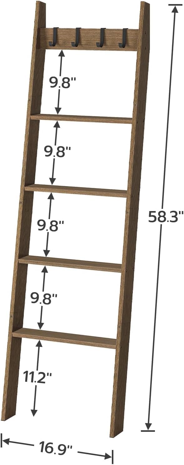 Wood Avyancraft Blanket Ladder, Wall Leaning 5 Ft 5 Tier Farmhouse Shelf, Towel Rack, Decorative Quilt Rack, Removable Hooks for Living Room, Bedroom, Bathroom, Natural 2