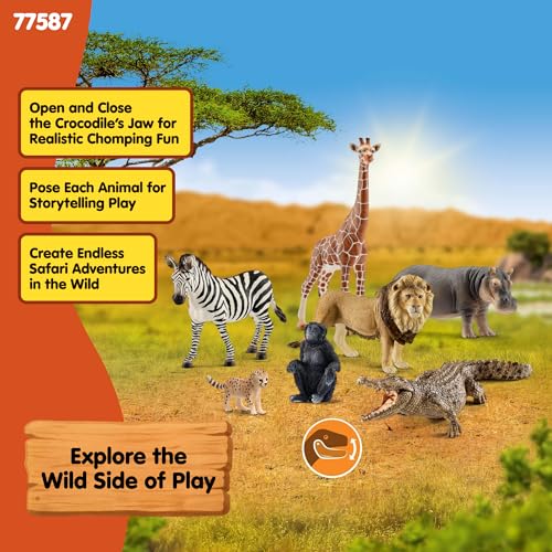 Image of Schleich Wild Life - 7PC Savannah Animal Toy Bundle | 77763 | African Wildlife Playset, Zebra Giraffe Monkey Alligator Cheetah Hippo Lion Figurines