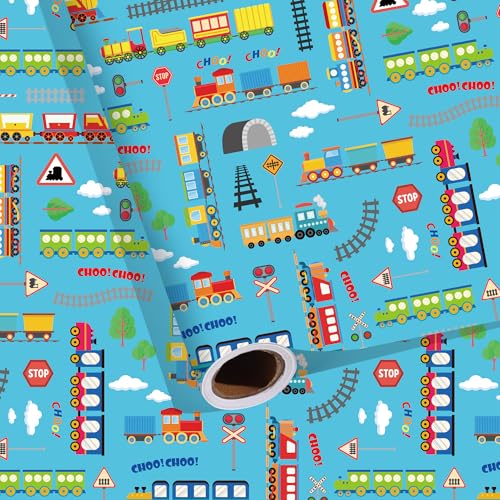 Liobelon Train Wrapping Paper Roll - 17 Inch x 16.5 Feet Cute Cartoon Train and Tracks Pattern Gift Wrap for Boys Birthday Baby Shower Transportation Party Supplies & Kids Room Decor