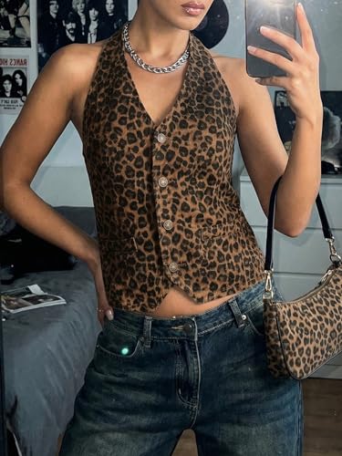 Image of Tankaneo Womens Halter Denim Vest Tops Summer Sleeveless Open Back Y2K Going Out Jean Tank Tops V Neck Button Up Waistcoat