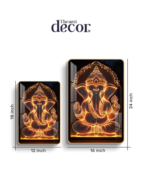 Image of The Next Decor Jai Shri Ganesh Wood Glass Finish Wall Art Decorative Painting for Living Room, Bedroom, Dining Room (Size: 18x12 Inches)