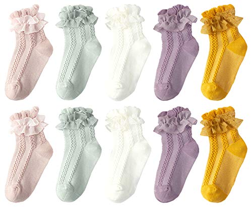 Baby Girls' Eyelet Lace Flower Socks QandSweet Ankle Sock for Newborn Infant Toddlers Kids (2-4T, Chiffon 5-Pairs)