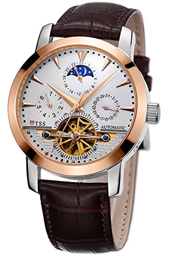 TSS Menâ€™s Automatic Tourbillon Moonphase Watch T8030PM1 - Stainless Steel Round Watch Synthetic Sapphire Pure & Clear Window - Precise Movement Analog Display - Water Resistant Up to 50m