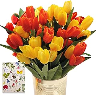 SNAILGARDEN 36 Heads Fake Faux Tulips, 13.8" Artificial Silk Tulips Flowers with Greeting Card for Bridal Wedding Home Party Table Festival Flower Arrangements Decor(Red/Yellow)