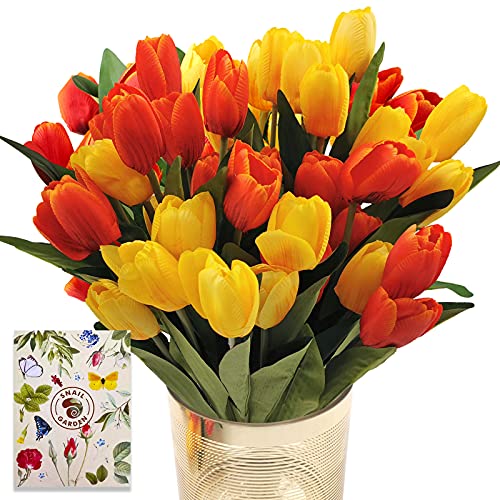SnailGarden 4 Strauße/36 Köpfe Künstliche Tulpen Blumen,Seide Kunstblumen Tulpen Strauß mit 1 Stück Grußkarte,Kunst Tulpen Deko für Hochzeit Hause Party Festival Blumenarrangements (Rot/Gelb)