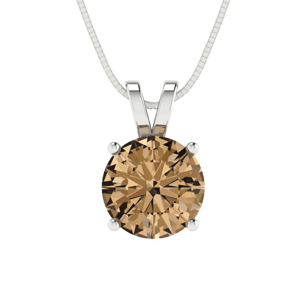Clara Pucci 1.95 ct Round Cut Brown Champagne Simulated diamond Solitaire Pendant With 18" Gold Chain box Real 14k White Gold
