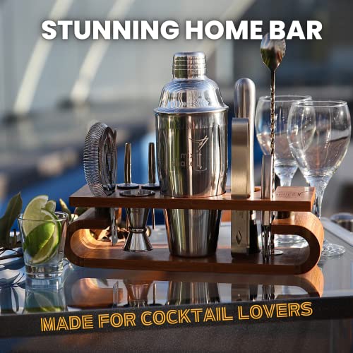 Mix It Shake It: 10-Piece Premium Bartender Kit With Designer Bamboo Stand, Bar Tool Set | Perfect Home Bar Set & Martini Cocktail Shaker Set | Perfect For Gift, Drink Mixing & Party (Silver) #TOP1
