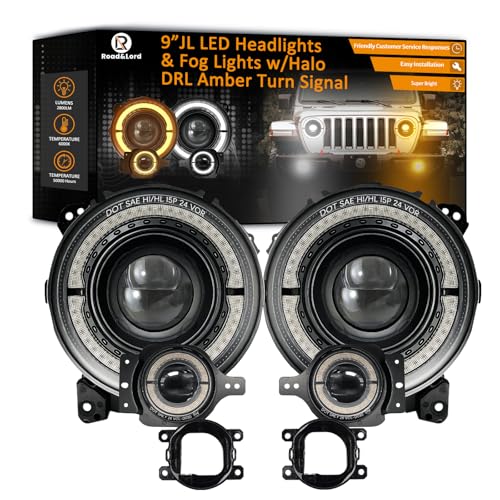 RoadandLord 9 Inch LED Headlights 9'' led JL Headlight Z-Shaped Halo DRL with Fog Lights Compatible for 2018-2025 Jeep Wrangler JL JLU Unlimited Sport Rubicon Sahara Gladiator JT DOT