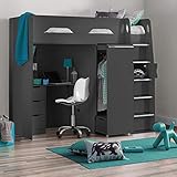 happybeds High Sleeper Storage Bed, Pegasus Anthracite Wood Modern Desk Wardrobe Drawers Cupboards Loft Bunk Frame - 3ft Single (90 x 190 cm) with Memory Foam Mattress Included