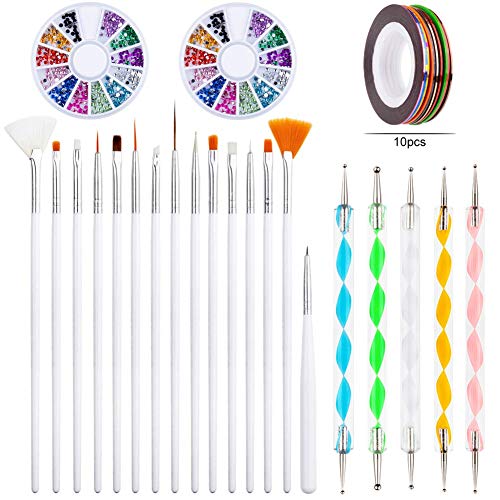 15 pcs Professional Acrylic Nail Art Brushes Set with 5 pcs Nail Dotting Pen Paint Manicure Tools, 2pcs Color Nail Rhinestones and 10 pcs Adhesive Nail Stripping Tape