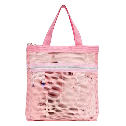 Mesh Shower Caddy Bag Portable Small Hanging Toiletry Tote Bag for Gym Travel Beach Bathroom Sunscreen (Pink)