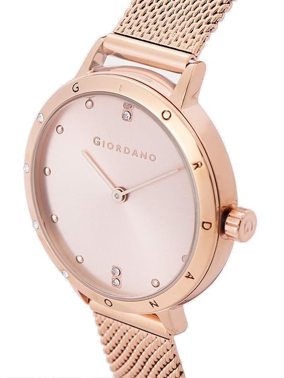 Image of Giordano Analog Quartz Watch for Women with Round Dial, Two-Hand Display, Crystal-Studded Hour Markers and Bezel and Stainless Steel Mesh Strap - A2085