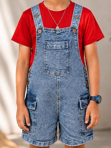 Image of KiddoPanti Unisex Denim Cargo Dungaree Shorts | 69.1% Cotton 29% Spun Poly 1.9% Spandex | Above Knee Length | Soft Breathable Summer Dungaree