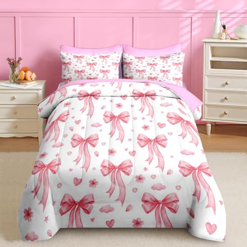 Image of Nesker Bow Comforter Set Twin Size, 5 Pieces Bed in a Bag, Pink Bow Bedding Set for Girls, Romantic Heart Comforter Set with 1 Pillowcase & 1 Sham
