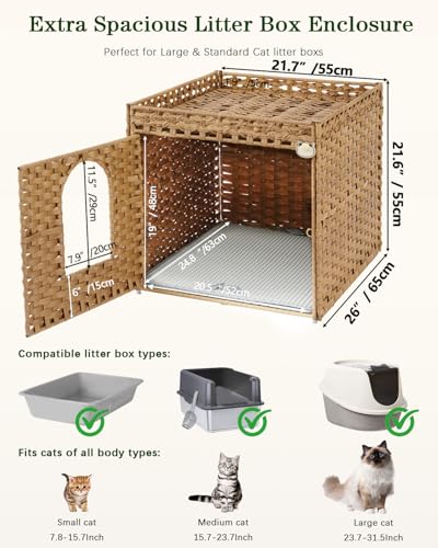 Image of SETVSON Cat Litter Box Enclosure Furniture, Large PE Rattan Cabinet,Natural | Large PE Rattan Kitty House fits Large Litter Boxes, Included Litter Mat, 2 S-Hooks, Metal Frame, 21.6x26x21.6 In Cat Cabinet
