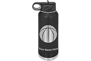 LaserGram Custom Engraved 40oz Double Wall Flip Top Water Bottle With Straw (Basketball Design)