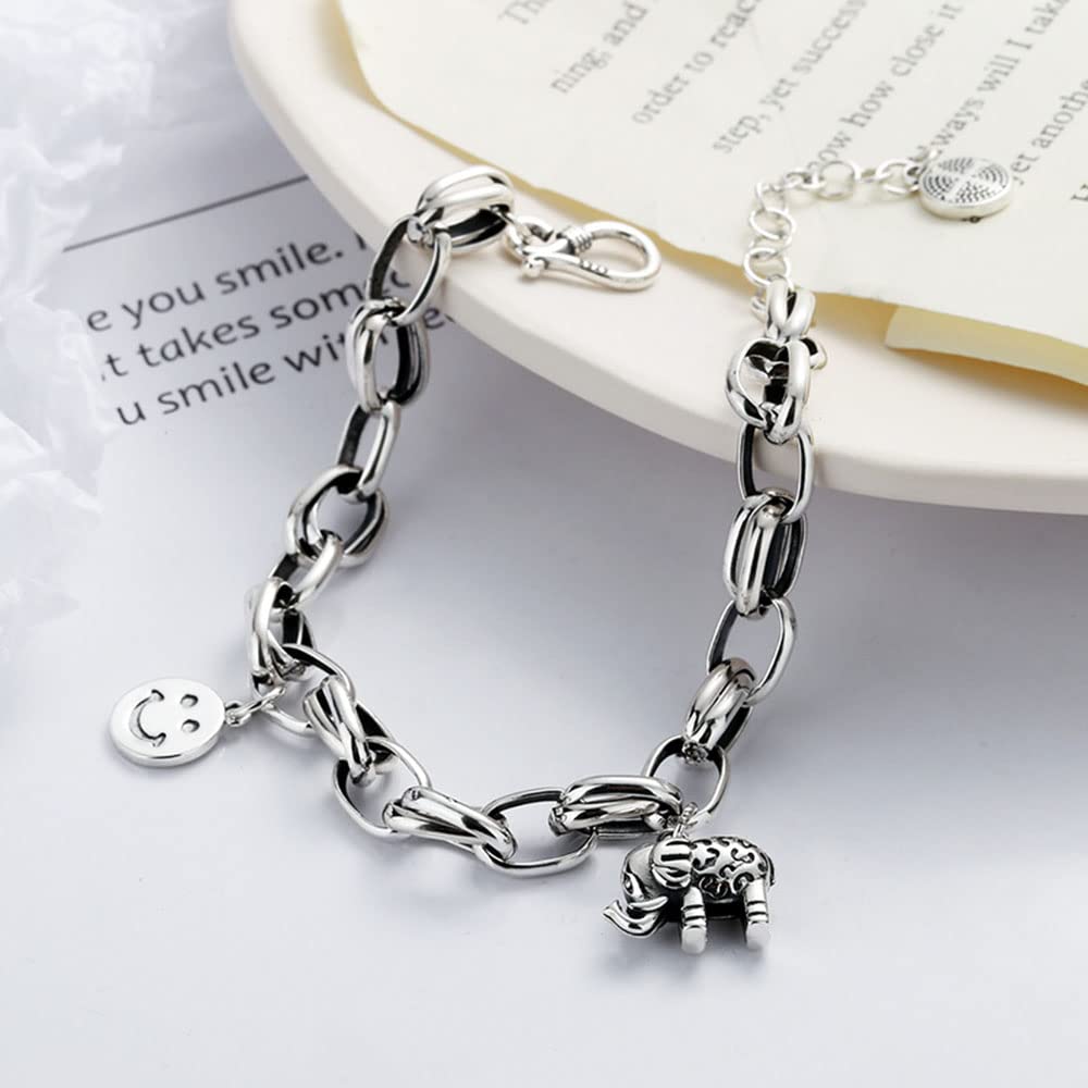 Bracciale A Maglie Grosse in Argento Sterling 925 personalità Bracciale con Faccina Elefante retrò Gioielli di Tendenza alla Moda per Gli Amanti dei Gioielli in Argento