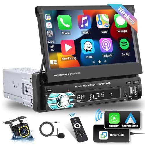 UNITOPSCI Single Din Wireless Apple Carplay Android Auto 7 Inch Flip Out Touchscreen Car Stereo Bluetooth Car Radio FM Mirror Link MP5 Player Dual USB AUX TF Card Input + Backup Camera Mic