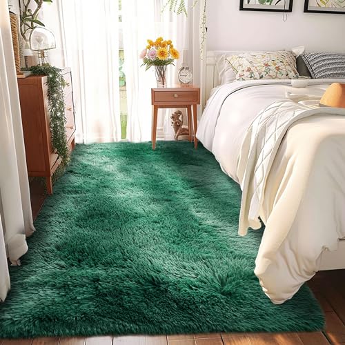 Fluffy Runner Rugs for Bedroom 2x6, Black Green Runner for Hallway Non-Slip, Bedside Shaggy Fuzzy Bedroom Decor