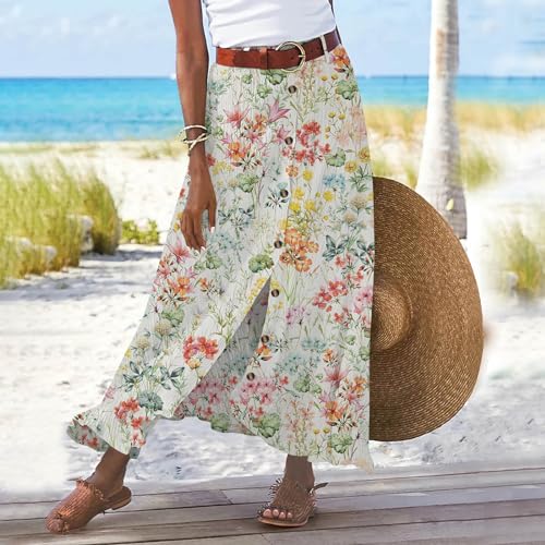 Women's Summer Boho Button Front Maxi Skirt Flowy Cotton Linen Floral Casua Loose A-Line Beach Long Skirt2