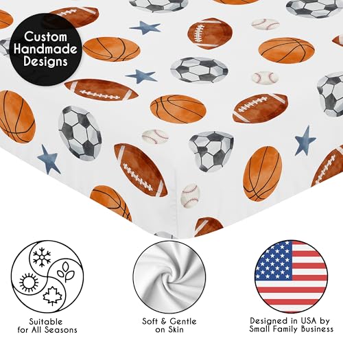 Image of Sweet Jojo Designs 2-Piece Baby Crib Sheets Set (Vintage Sports Theme) for Boys, Infant Nursery, Toddler Room -Fitted, Standard Size (Solid Steel Blue and Soccer Balls, Football, Baseball, Basketball)