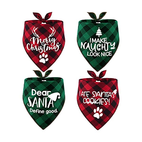 4 pack merry christmas dog bandanas - classic triangle fall xmas christmas printing dogs red plaid scarf bibs kerchief gifts set - pet holiday accessories decoration for small to large puppy dogs cats