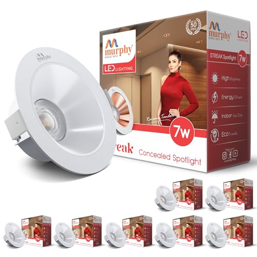 Image of Murphy 7W Streak LED Down Light WH+White Finish, Natural White Light, Round, Pack of 8, Recessed Ceiling LED Light, Suited for 3 inch Junction Box /Concealed Box (2 Years Warranty)