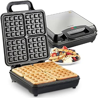VonShef Waffle Maker Large  4 Slice Waffle Iron with Non-Stick Plates, 1100W, Quad Belgian & American Waffle Machine, Cool Touch Handle  Silver