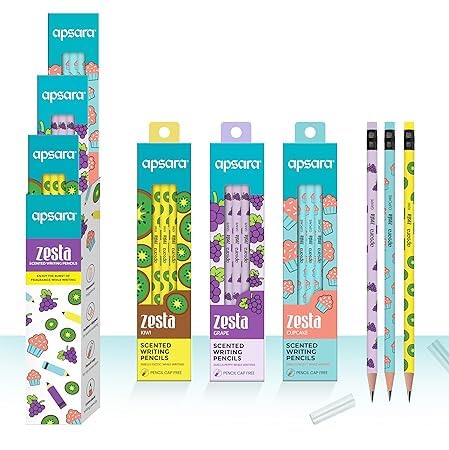Zestaa Scented Pencils KIWI, GRAPES & CUPCAKE 3 Unique Fragrances Eraser Attached & Pencil Cap Included, Pack of 18