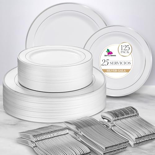 La Mejor Lista de Vajillas desechables del mes. 48 Berry Bloom Vajilla Reutilizable Premium Color Plata 125 Piezas: 50 Platos con Orilla Plateada, 25 Cucharas Plateadas, 25 Tenedores Plateados, 25 Cuchillos Plateados, para 25...