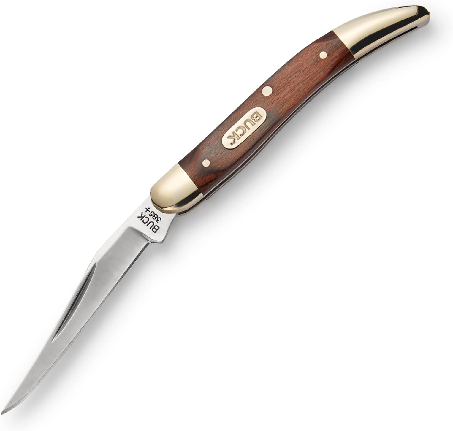 Buck Knives 385 Toothpick Single-Blade Folding Pocket Knife, Woodgrain Inlay Handle with Nickel Silver Bolsters, 420J2 Steel Modified Clip Blade, EDC Pocket Knife, 0.8 oz