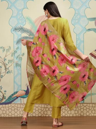 Image of ishin Mustard A-line kurta set with printed floral dupatta | Kurta set for women | Kurta with trousers and dupatta