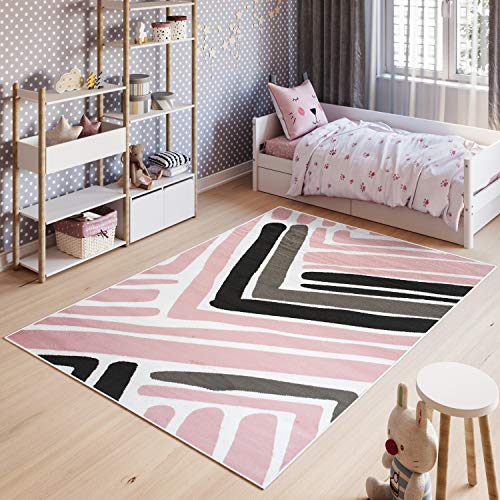 TAPISO Pinky Teppich Kurzflor Kinderteppich Kinderzimmer Rosa Weiß Schwarz Modern Geometrisch...