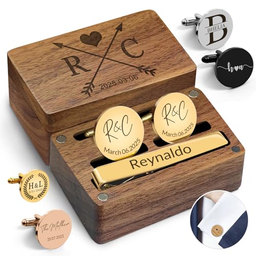 Custom Cufflinks for Men Personalized Cuff Links Tie Clip Set Engraved Name Initials Cufflinks Customized Gifts Groom Father Husband Wedding Business