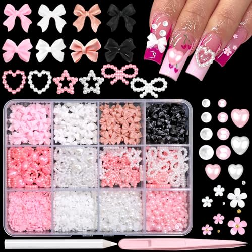 BELICEY Amuletos de unhas com laço 3D, 600 peças, flores, berloques de unhas rosa e branco, contas d