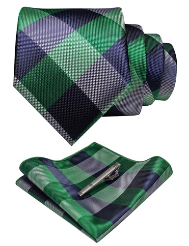 Image of RBOCOTT Silk Stripe Plaid Tie and Pocket Square with Tie Clip Sets for Men