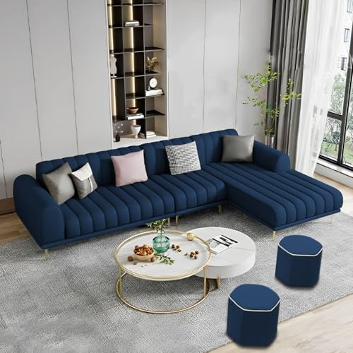 Image of Casaliving Herrick RHS 6 Seater L Shape Sofa Set with 2 Puffy for Living Room (Blue) Premium Velvet Fabric Sofa