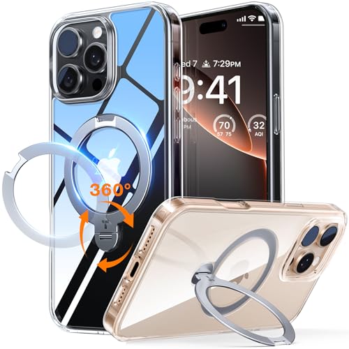 Image of TORRAS Q3 Spin for iPhone 16 Pro Case, 360 Magnetic Stand, Clear | Compatible with MagSafe, Built-in Kickstand, Camera Control, 4X Military-Grade Shockproof Translucent Phone Case for 16 Pro