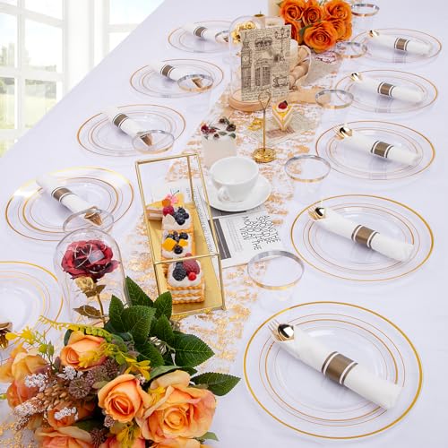 image for WELLIFE 210PCS Clear-Gold Plastic Plates - Dinnerware Sets for 30 Gues