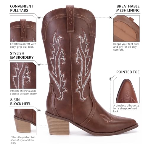 Women's Cowboy Boots Pointed Toe Western Boots Embroidered Mid-Calf Chunky Block Heel Cowgirl Boots2