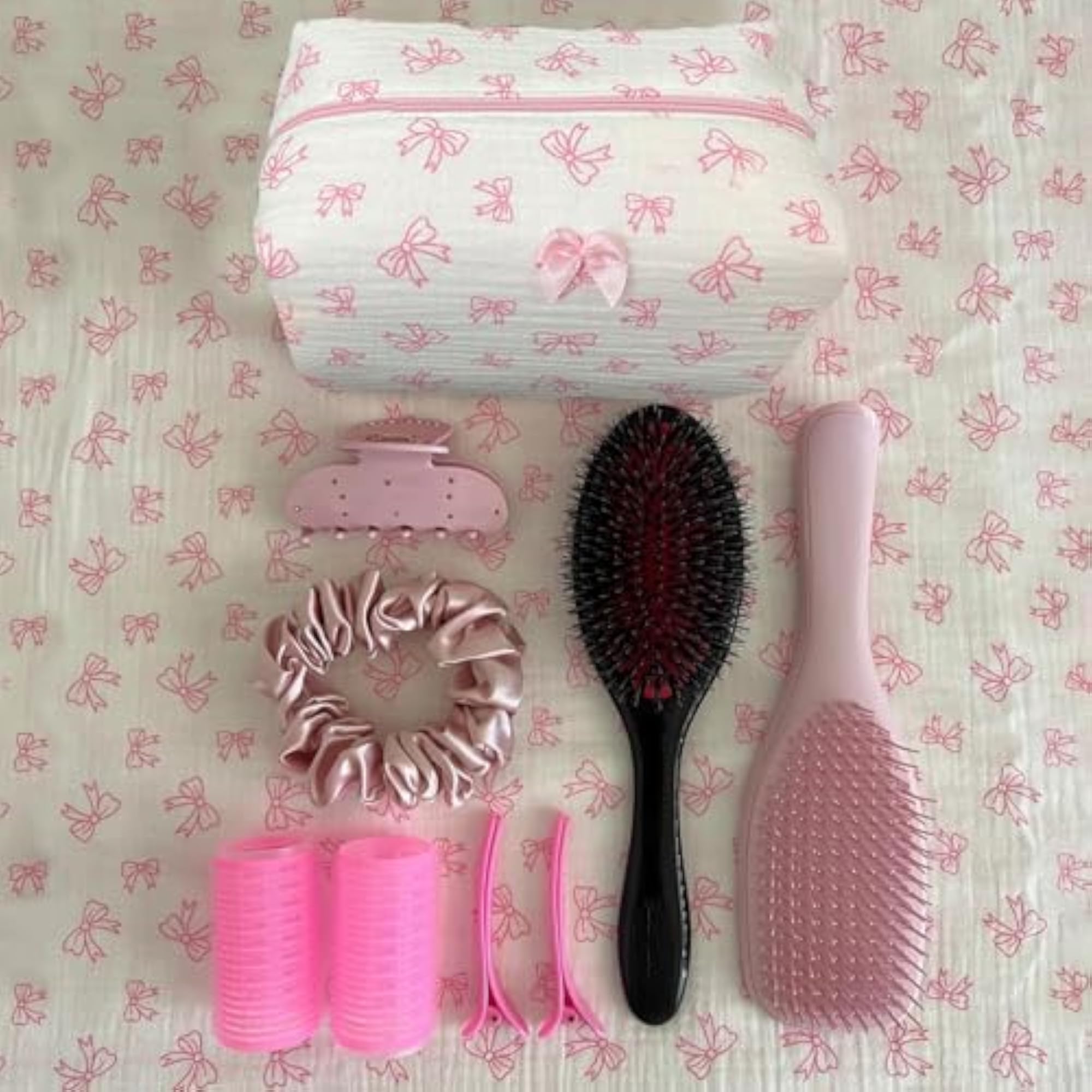 Coquette Pink Bows Quilted Makeup Pouch, Travel Organizer