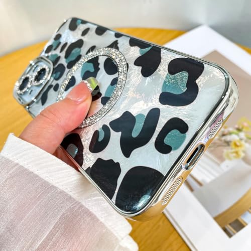 Coque iPhone 15 Plus MagSafe Fiyart imprimé léopard argenté