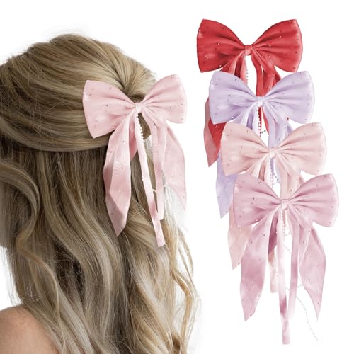PEAPIN 4PCS Hair Bows With Pearls And Rhinestones Mesh Hair Bows