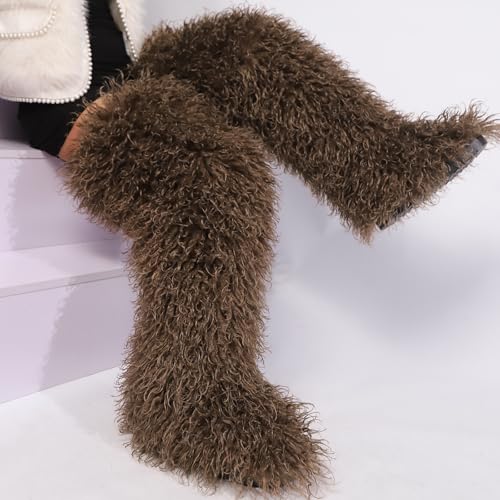 Image of Black Thigh High Fur Boots, Over the Knee Fluffy High Boots, Tall Furry shoes for Women