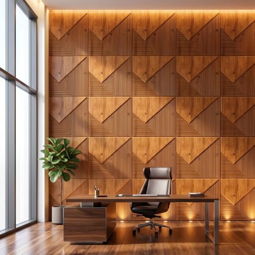 Image of Kayra Decor 3D PVC Wall Panels for Bedroom & Living Room | Plaina Design | Teak Wood Color | 19.7 x 19.7 Inch | Pack of 12 | 32.28 Sq Ft