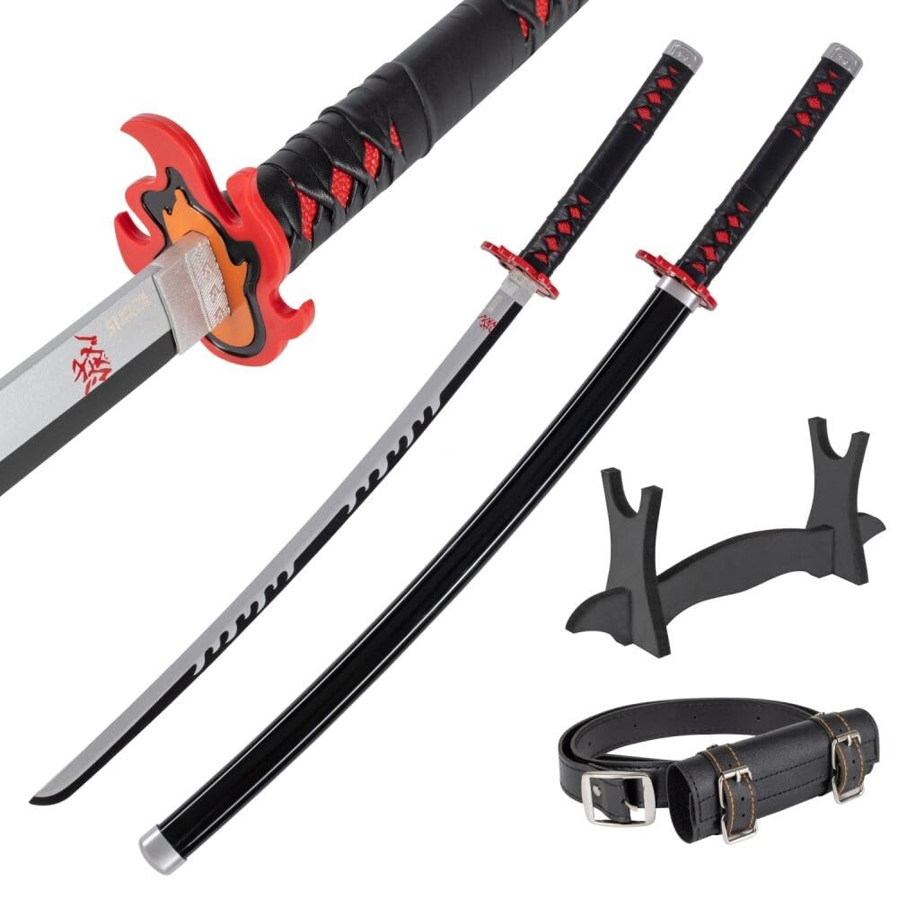 Wooden Katana Sword 30 inch / 77 cm with Belt Holder and Stand - Deamon Slayer Short Samurai Sword for Anime Cosplay - Bamboo Wakizashi Replica Swords - Decorative Collectables (No Sharp Edges)