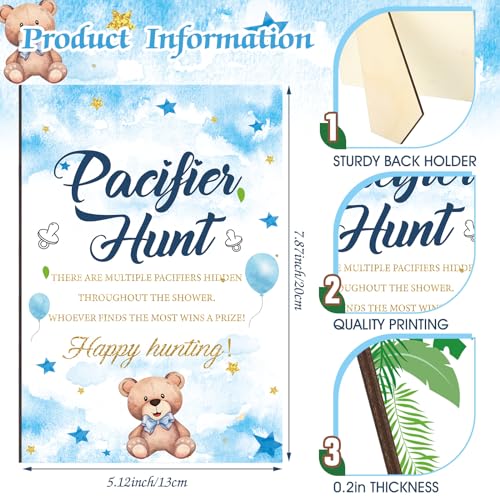 Image of Thyle 51 Pcs Blue Bear Pacifier Hunt Baby Shower Games Include Neutral Bear Themed Hunt Sign and 50 Acrylic Pacifiers for Blue and Brown Baby Shower Game Decoration Gift Sets Gender Reveal Party Decor