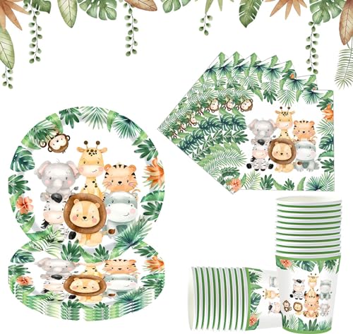 Juego de Vajilla para Fiesta de Jungle, Jungle Animals Party Vajilla para 20 Invitados, Vajilla Fiesta Decoración Cumpleaños Selva con Animales Verdes Platos Vasos Servilletas, para Baby Shower Niño