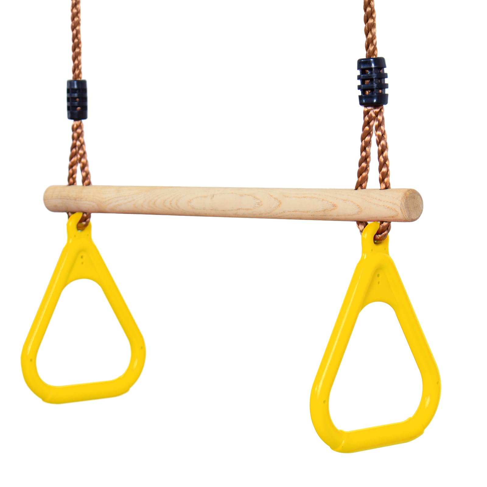 Leogreen Trapèze Balançoire en Bois avec Anneaux de Gymnastique, Jaune | 58*(120-200)cm, Charge maximale 150 kg, hauteur réglable, Barre de Traction de jardin extérieur pour Fitness