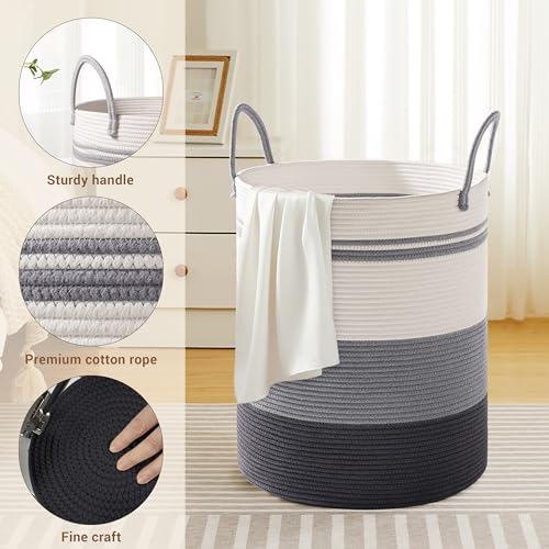 Image of 88L Large Tall Cotton Rope Laundry Basket with Handle, Grey Striped